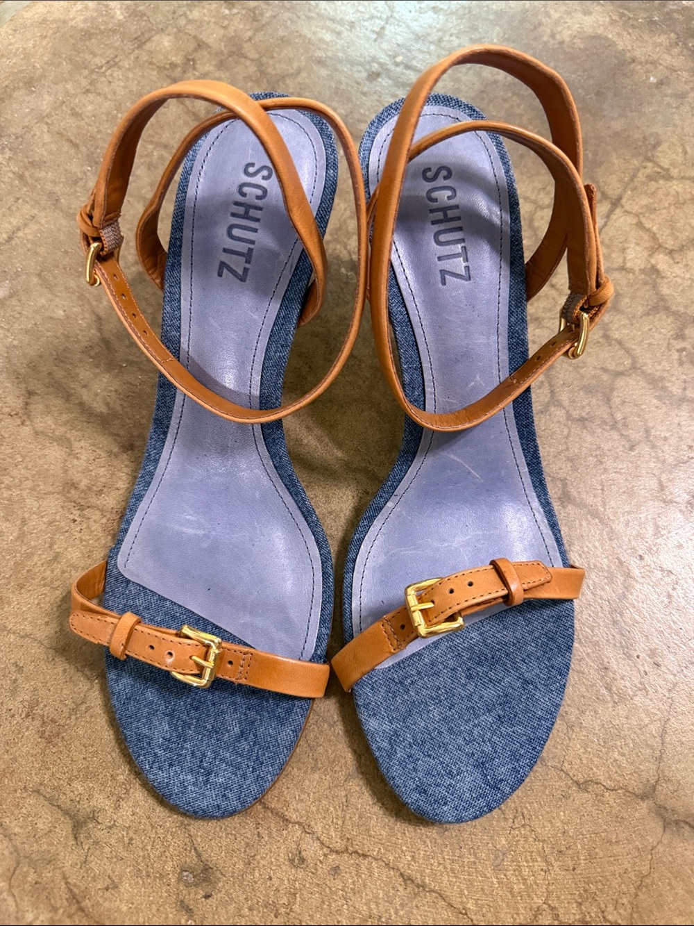 SCHUTZ Tan Leather-Strap Sandals with Denim Footbed